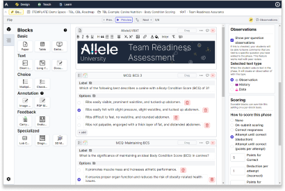 An image showing the phase builder in Allele, building a team-based learning learning exercise